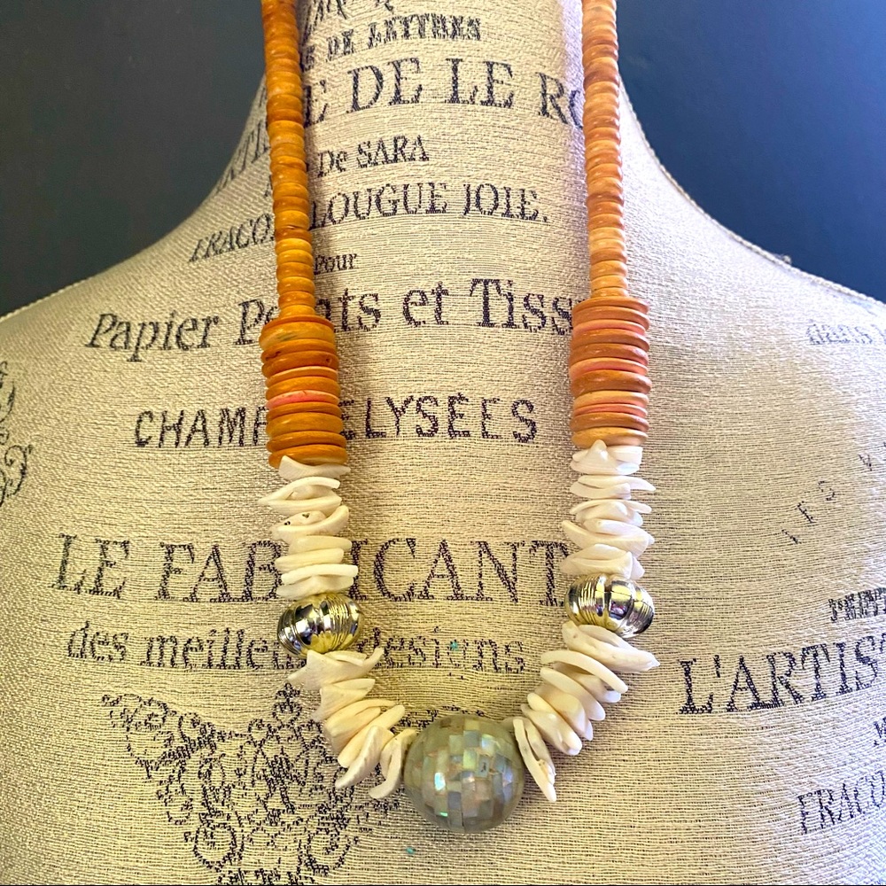 Vintage 1970s wooden and shell disc necklace with beads
